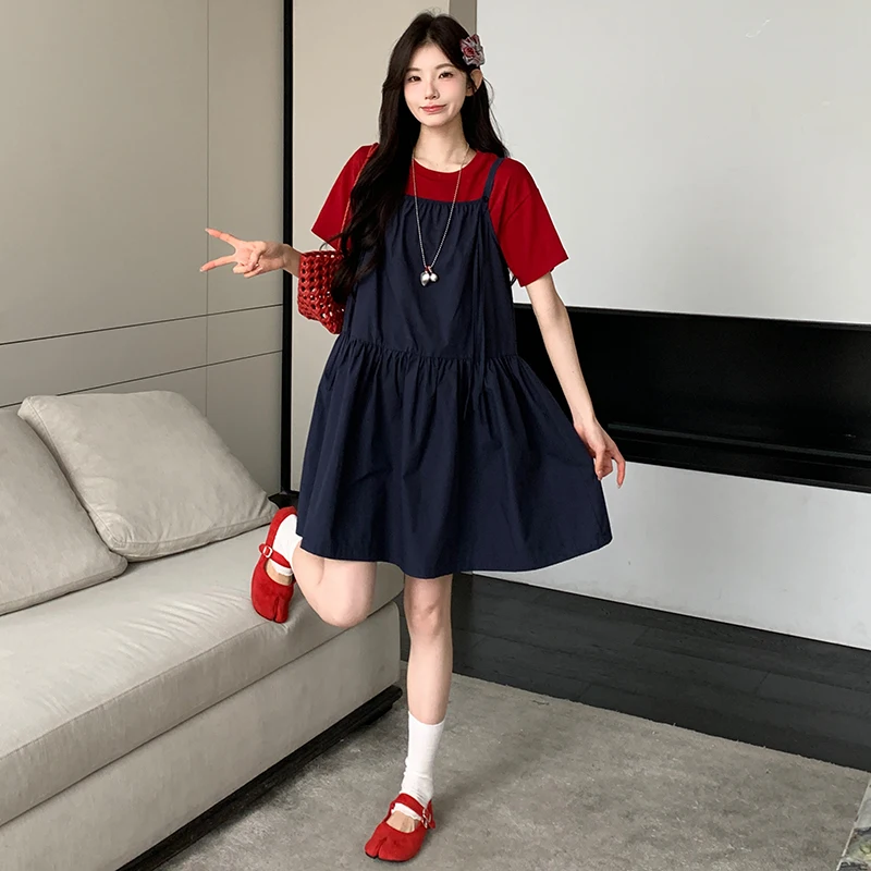 여름 임부복 세트 2025 신상 한국 스타일 레트로 반팔 티셔츠 미디 스트랩 원피스 투피스 세트 면 소재