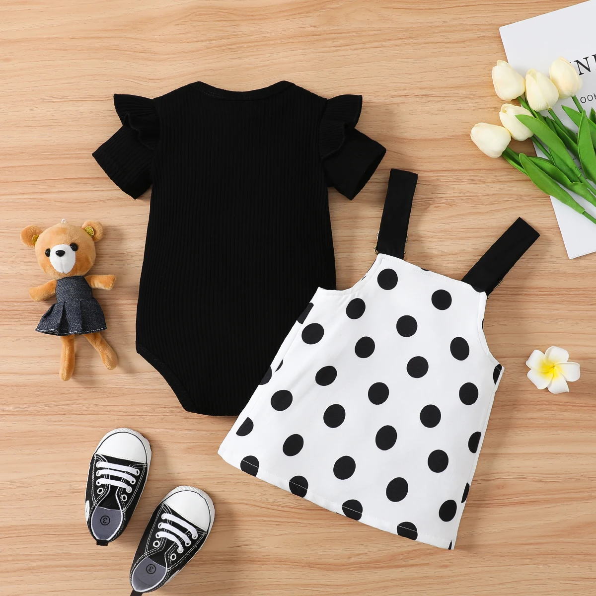 2pcs PatPat Baby Dresses Baby Girl 95% Cotton Ruffle Trim Short-sleeve Romper and Bear Graphic Polka Dots Overall Dress Sets