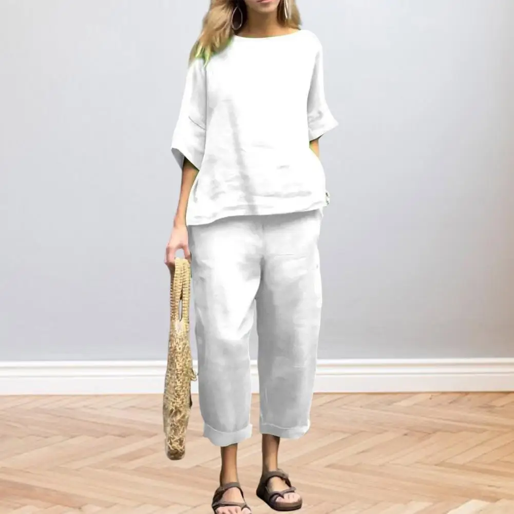 

Универсальная блузка и брюки, однотонный комплект из 2 предметов, стильный топ с круглым вырезом и широкие брюки для офиса, легкая и домашняя одежда