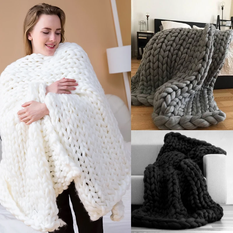Wostar Warm Chunky Merino Wool Blanket Large Yarn Roving Handmade Knitted Throw Blankets For