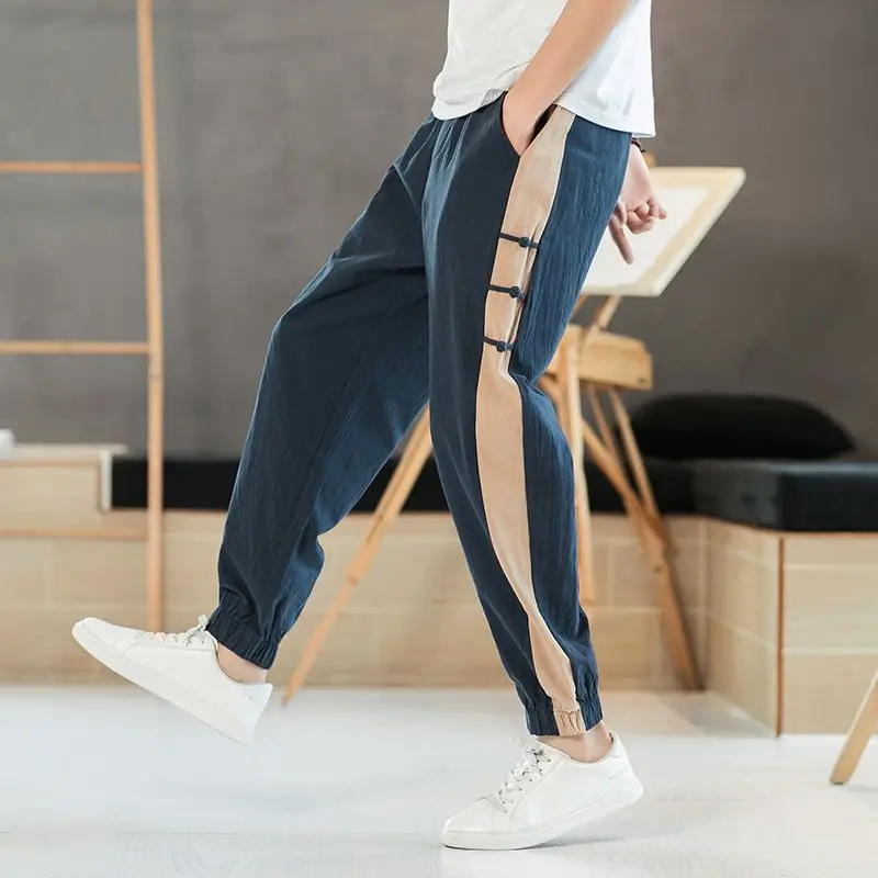 Summer Loose Breathable Chinese Style Cotton Linen Casual Haren Pants Men's Patchwork Pockets Straight Vintage Sports Trousers