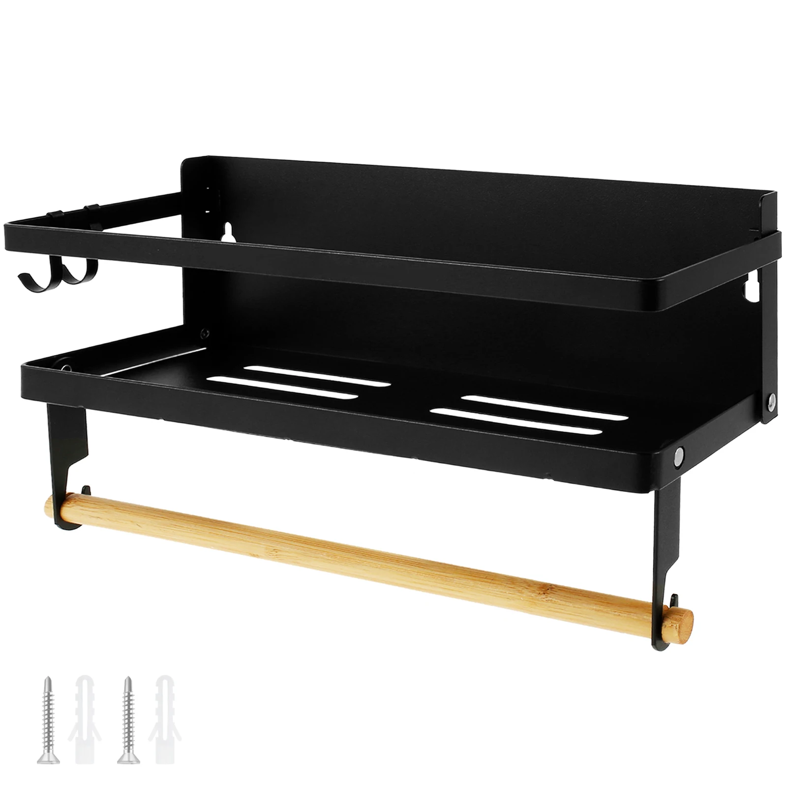 

Magnetic Spice Rack with Paper Towel Holder Roll and 2 Hooks Magnetic Shelf Foldable Spice Organizer Metal Refrigerator