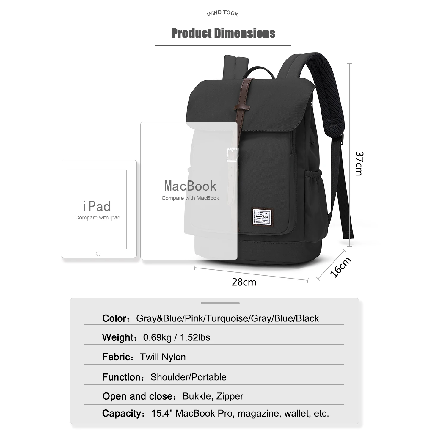 WindTook Travel Backpack for Women Business Backpack with USB Large Capacity 15.4-inch Laptop 38*16*37 Waterproof Fashion Men's