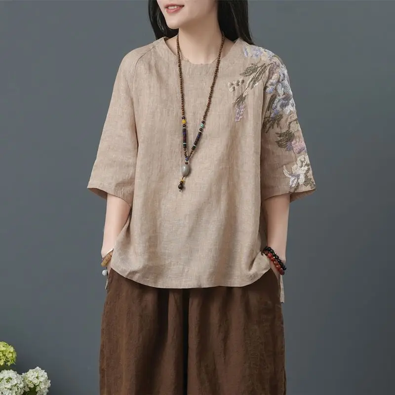 

Summer Womens Cotton And Linen Embroidered Mid Sleeved T-shirt Top