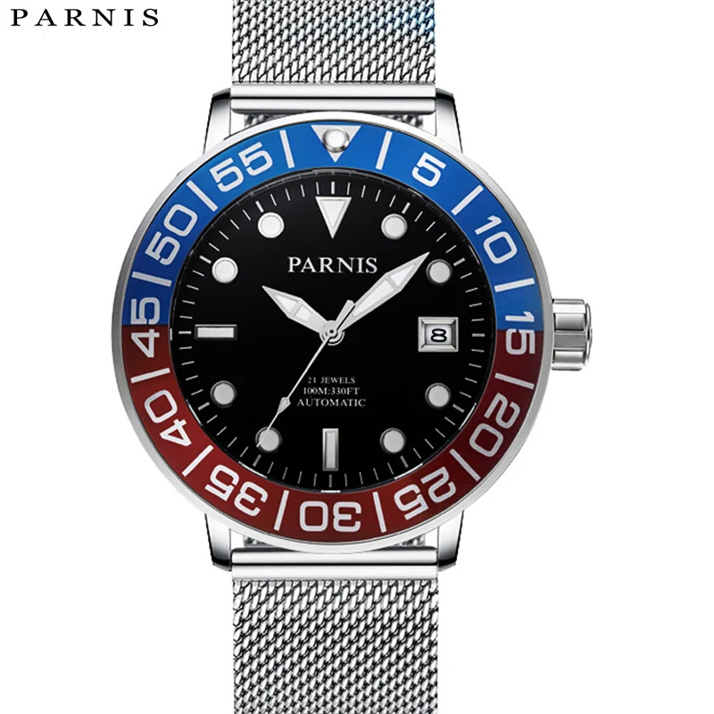 

Fashion Parnis 42mm Red Blue Bezel Mechanical Automatic Men Watch Calendar Sapphire Crystal Men's Sports Wristwatches Man Clock