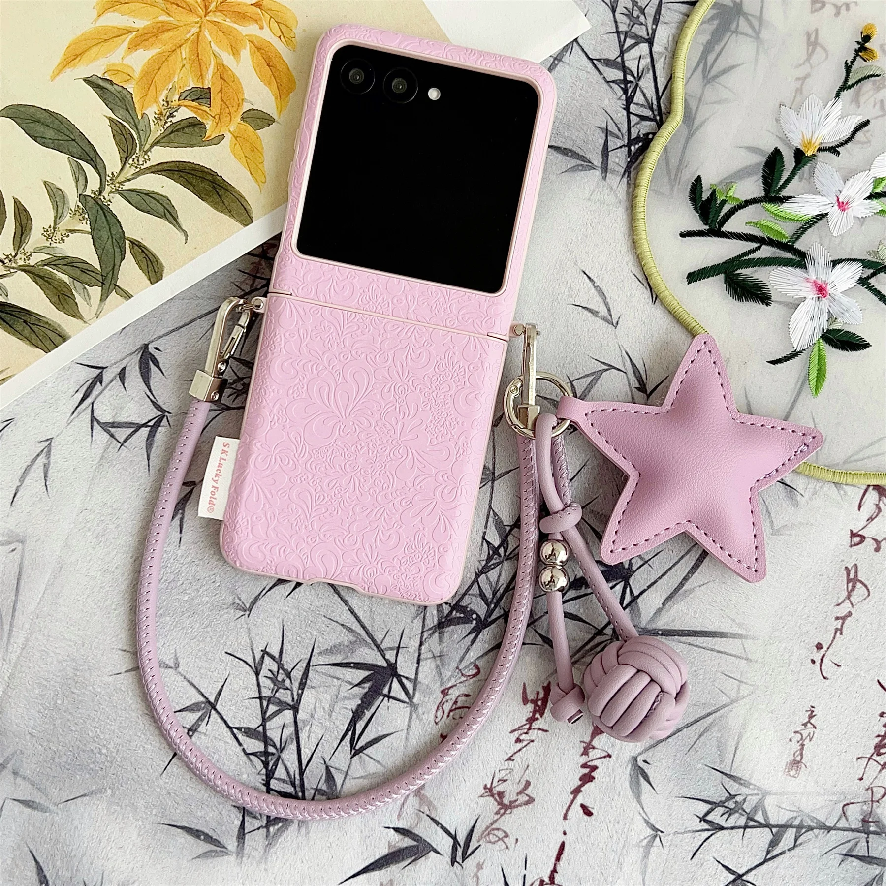 Luxury Lucky Cloud Pattern Phone Case with Star Pendant Leather Strap