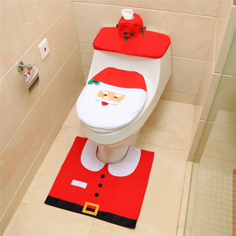 Description Picture 3 of item1/2/3pcs Santa Clause Pattern Toilet Seat Cover Bathroom Foot Pad Red Bath Mat Contour Rug Set Christmas Decoration For Home