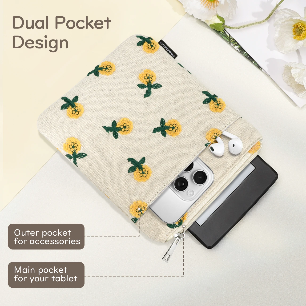 Daisy Flower Embroidered E-Reader Sleeve - Protective Carrying Case
