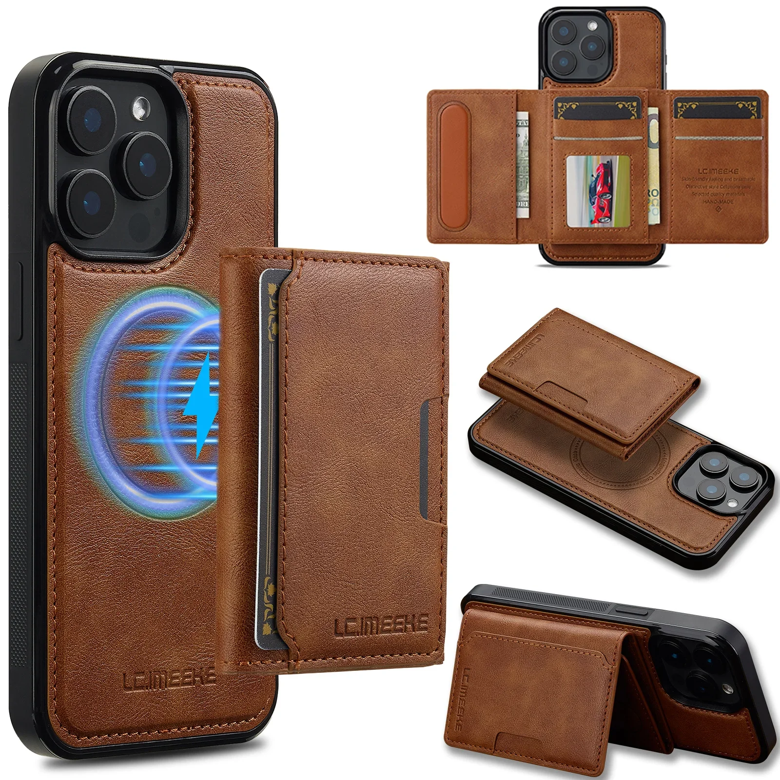 2-in-1 Detachable Magnetic Card Slot Leather Wallet Case with Wireless Charging Compatibility