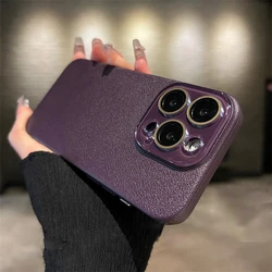 Luxurious Lychee Textured Leather Case with Crystal Glass Lens Protection - iPhone 14 (Deep Purple)
