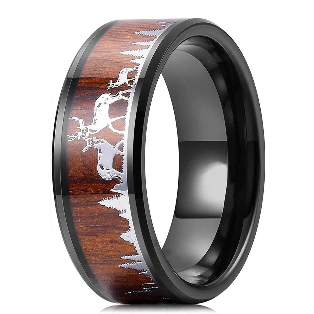 2021 Fashion 8mm Men Black Tungsten Wild Life Hunting Ring Koa Wood Inlay  Deer Family Silhouette Steel Ring Men Wedding Band