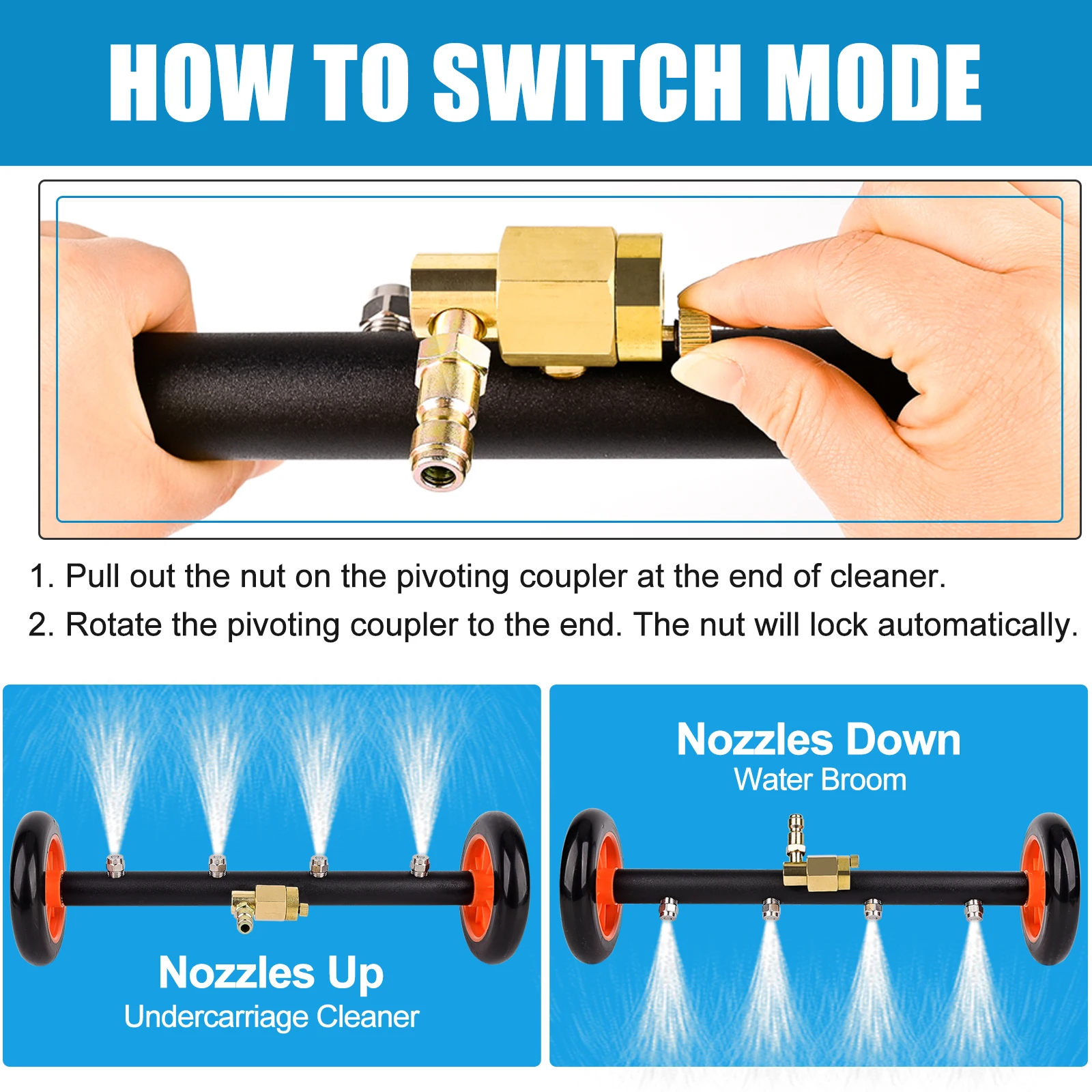 베어 포스 2-in-1 언더캐리지 압력 세척기 어태치먼트, 38cm/15인치 압력 세척기 워터 브룸, 3개 연장 봉, 세척 미트