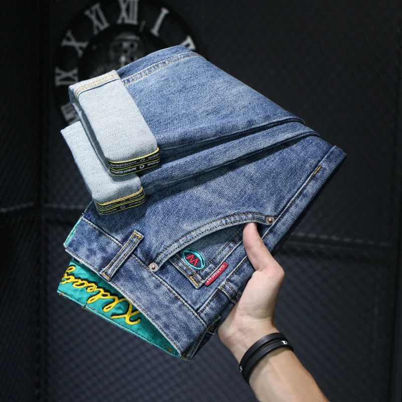 2024 Spring New Men's Jeans Trend All-Matching Fashion Casual Washed Blue Embroidered Slim Straight-Leg Pants