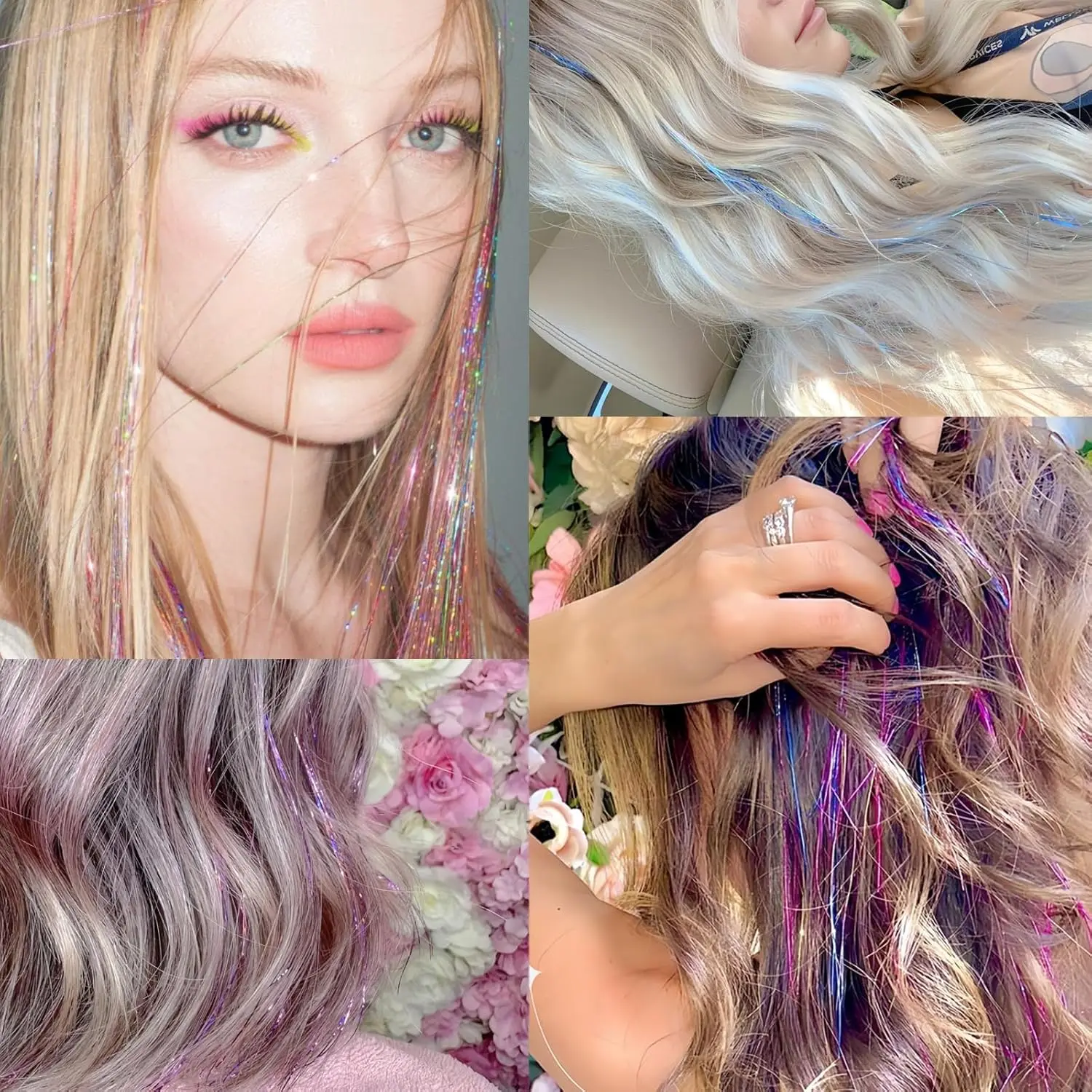 36 Zoll/48 Zoll 12 Farben Feenhaar-Lametta, funkelndes, glänzendes Haar-Lametta, hitzebeständige Highlights, glitzernde Lametta-Haarverlängerung – Detail 7