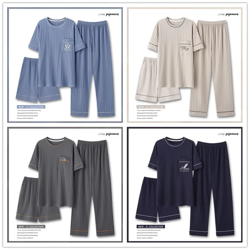 남성 패션 여름 3 피스 잠옷 세트 짧은 소매 라운드 칼라 코튼 홈웨어 플러스 사이즈 5XL 반바지 Loungewear Pijamas