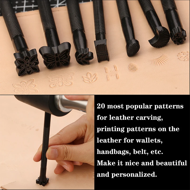 20Pcs Leather Carving Tools Leather Stamping Tools Metal Processing Saddle Stamping Set Wooden Craft Rack Kit