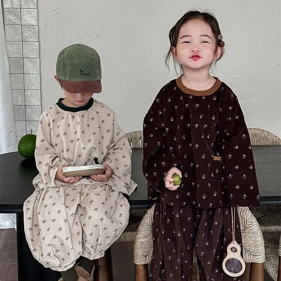 

Children's Top and Bottom Pants Set Baby Boys Girls Corduroy Suit Autumn Winter New Two Piece Outfits Korean Kids Clothing Sets