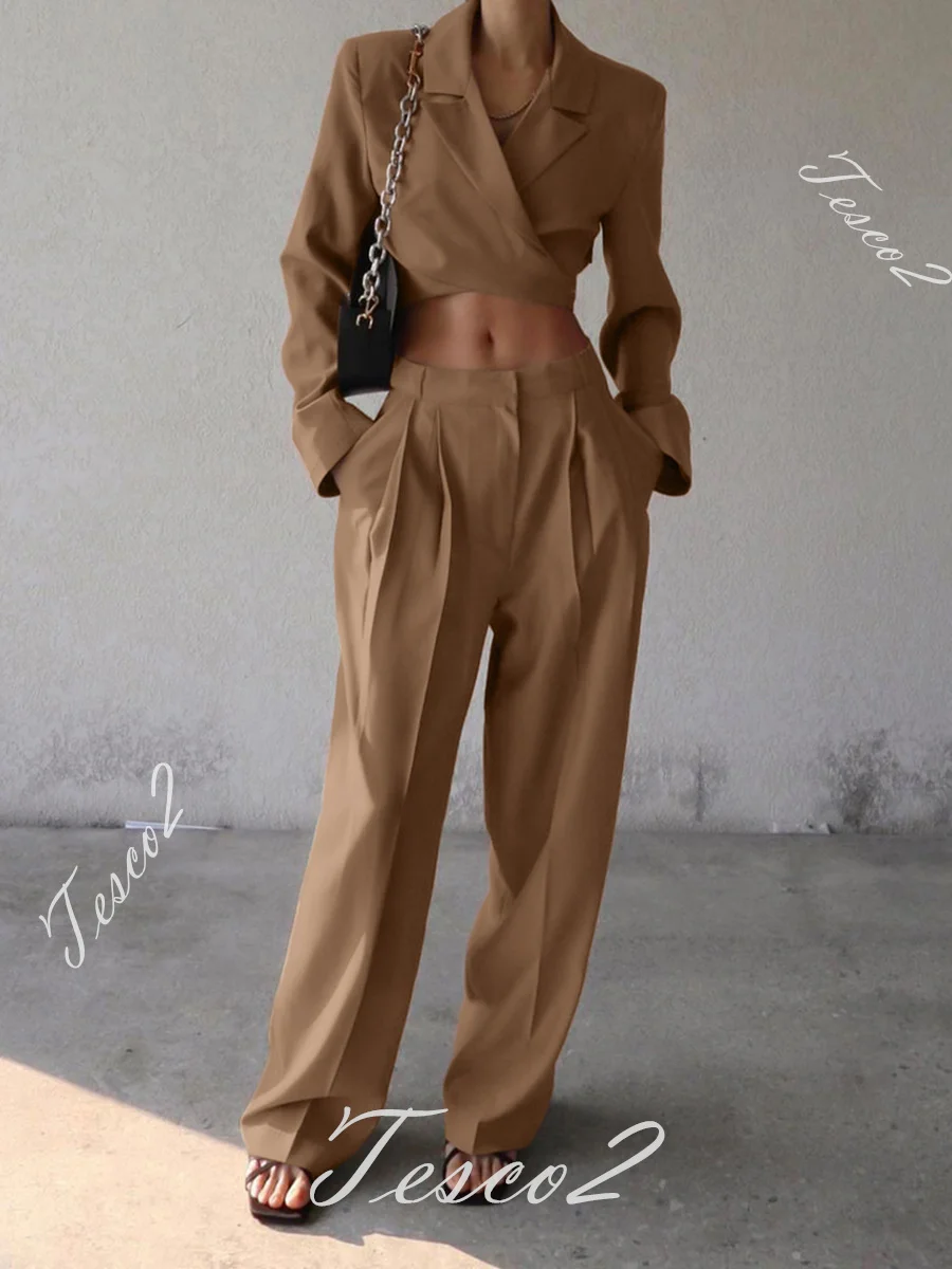 Tesco Trendy Pantsuit For Women Spring Short Crop Top+High Waist Wide Leg Pants Casual Blazer With Lace-up Women Chic Outfits zkyzwx rib two piece set short sleeve crop top high waist wide leg pants vacation outfits for women summer loungewear clothes