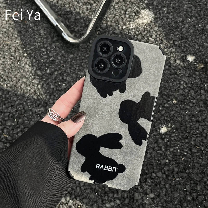 Retro Fashion Cuban Leather Texture Creative Rabbit Cartoon Phone Case Per Iphone 14 13 12 11 Pro Max 14Plus Iphone11 Cover Cape