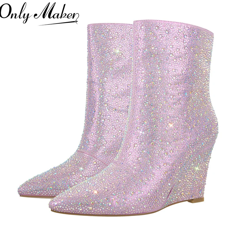 

Onlymaker Pointed Toe Wedge Heel Ankle Boots Clear Rhinestone Glitter Bling Shiny Super Pretty Sparkly Gorgeous Boots