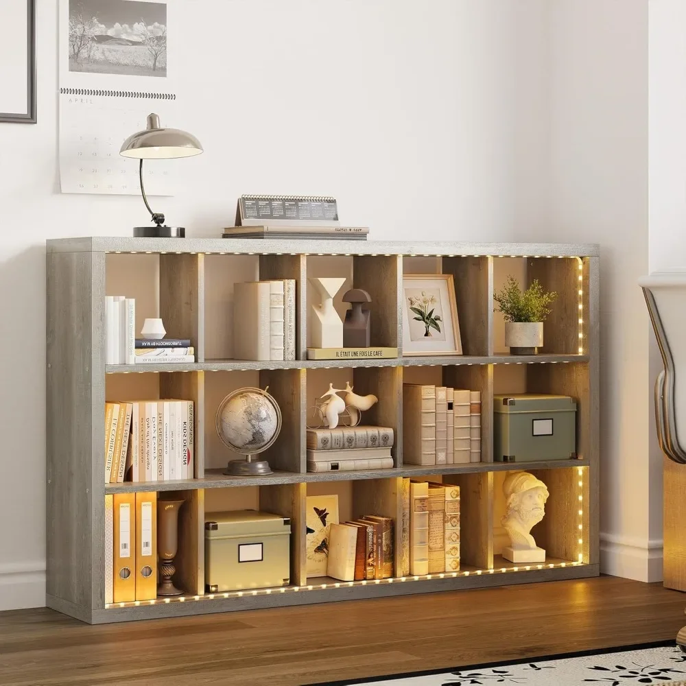 Living Room Furniture 15 Cube Bookcase Storage Shelf Organizer with LED Lights, 5 Tier Bookshelves and Bookcases Display Shelves 2