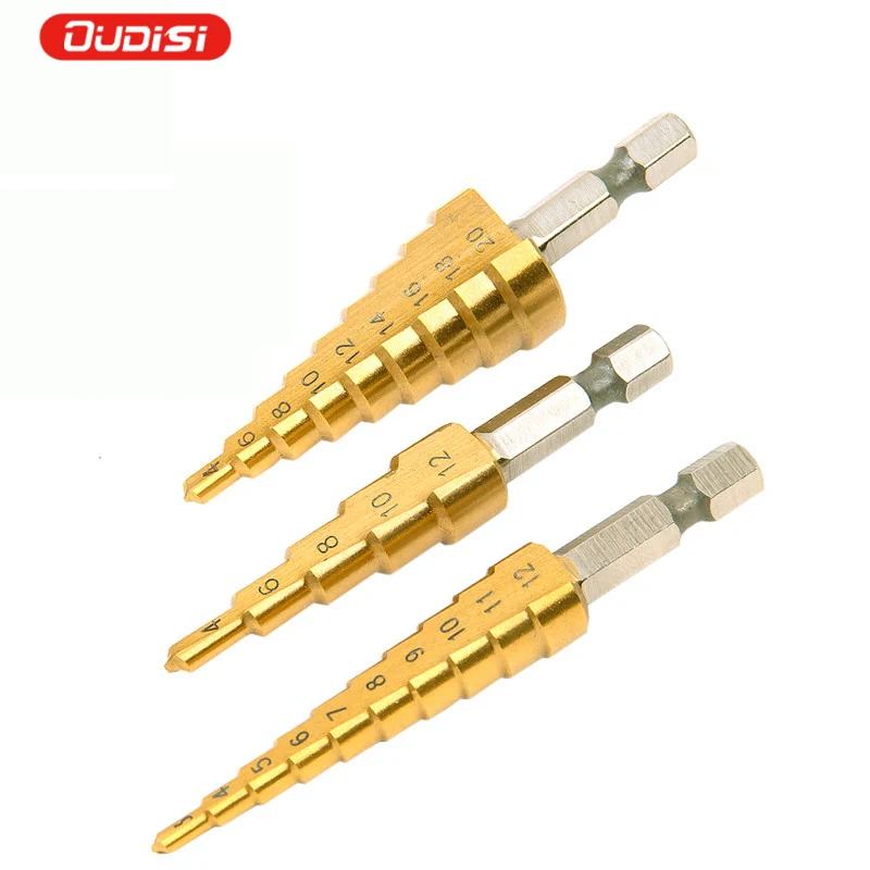 

Hss Stepped Conical Drill Bit Titanium Coated Metal Hexagonal Core 4-32mm 1/4 "Conical Metric Drill Bit Cutting Drilling Tool