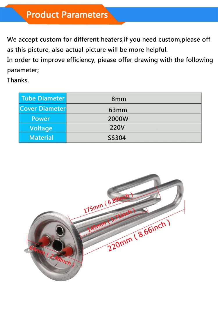 Description Picture 4 of item220V 1.5KW/2KW/3KW  63mm Cap Butane Gas Water Heater - Resistance Heating Element for Heat Pump Pool Heater with 2 Probe