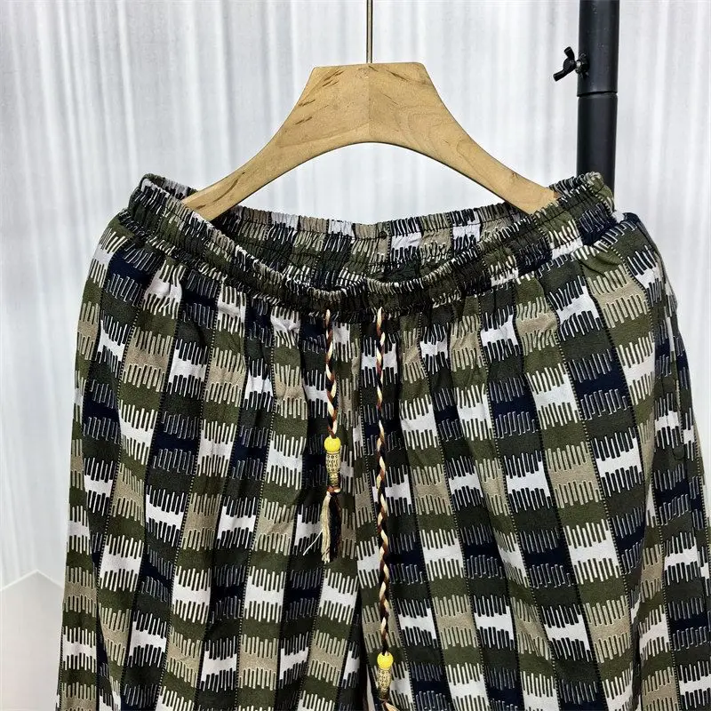 2024 Summer Men's Patchwork High Waited Elasticized Printed Pocket Drawstring Fashion Loose Comfortable Versatile Lantern Pants