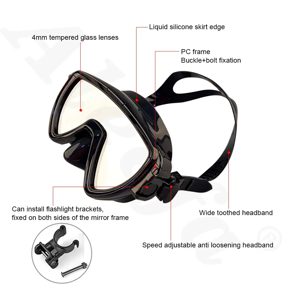 Scuba Diving Mask with flashlight Bracket, Liquid Silicone Face Mask,Tempered Glass, Anti-Fog Snorkel Mask Strap Mount Clip