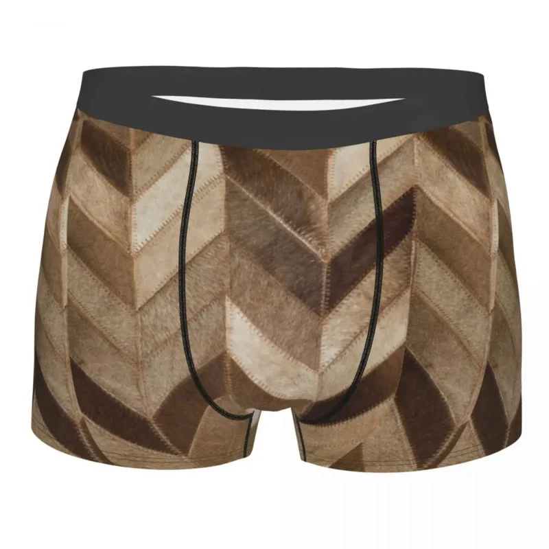 

Male fashion Brown cowhide leather patch underwear tan fur animal hide boxer briefs soft shorts panties underpants