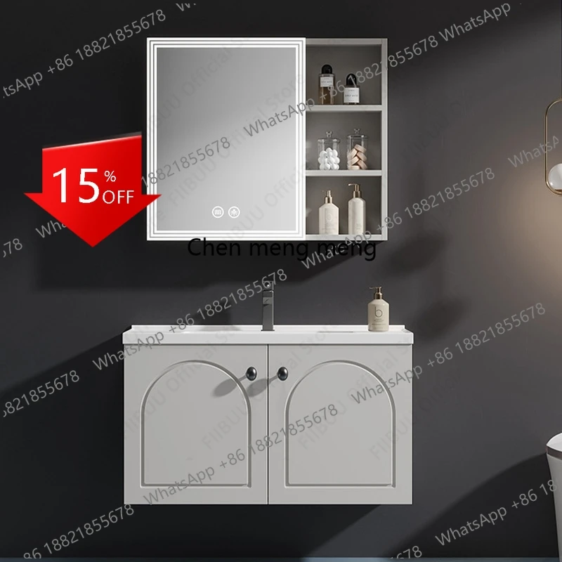 ชุดตู้ห้องน้ำติดผนัง 01A พร้อมอ่างล้างหน้าเซรามิกในตัว กระจกอัจฉริยะป้องกันฝ้า ตู้เก็บของขนาดใหญ่แบบลอยตัว 1