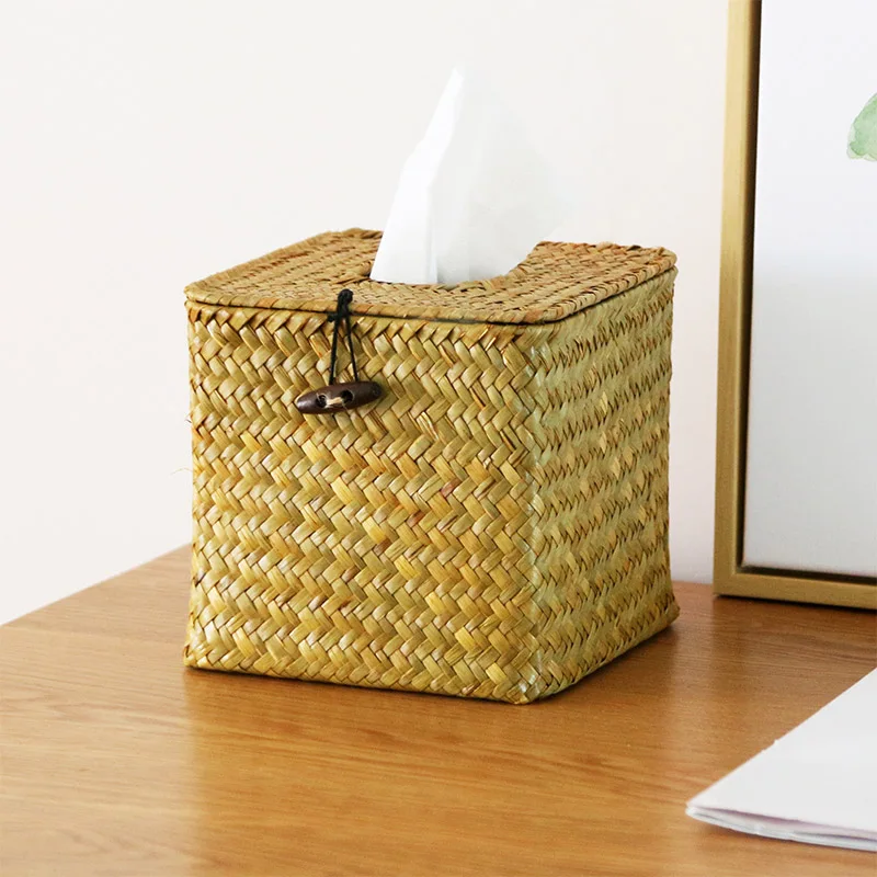 Tissue box napkin holder handmade woven rattan roll paper tray for car living room storage