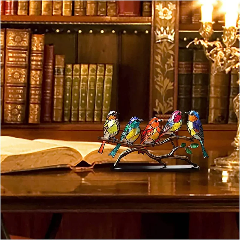 Stained Glass Birds On Branch Desktop Ornaments,Double Sided Multicolor Style Birds Colors Ornaments 2