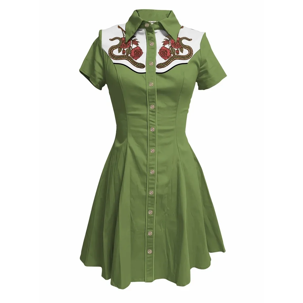 Blumen und Schlangen bedrucktes Western-Cowboy-Kleid für Damen, Button-Down-Kleid, kurze Ärmel, 100 % Baumwolle, cooles Punk-Streetwear – Detail 5