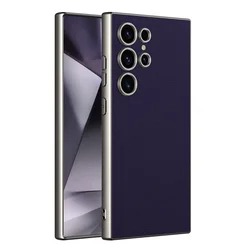 Luxury PU Leather Soft Edge Case with Metallic Paint Frame and Skin Feel for Galaxy S24 Ultra (Dark Purple)