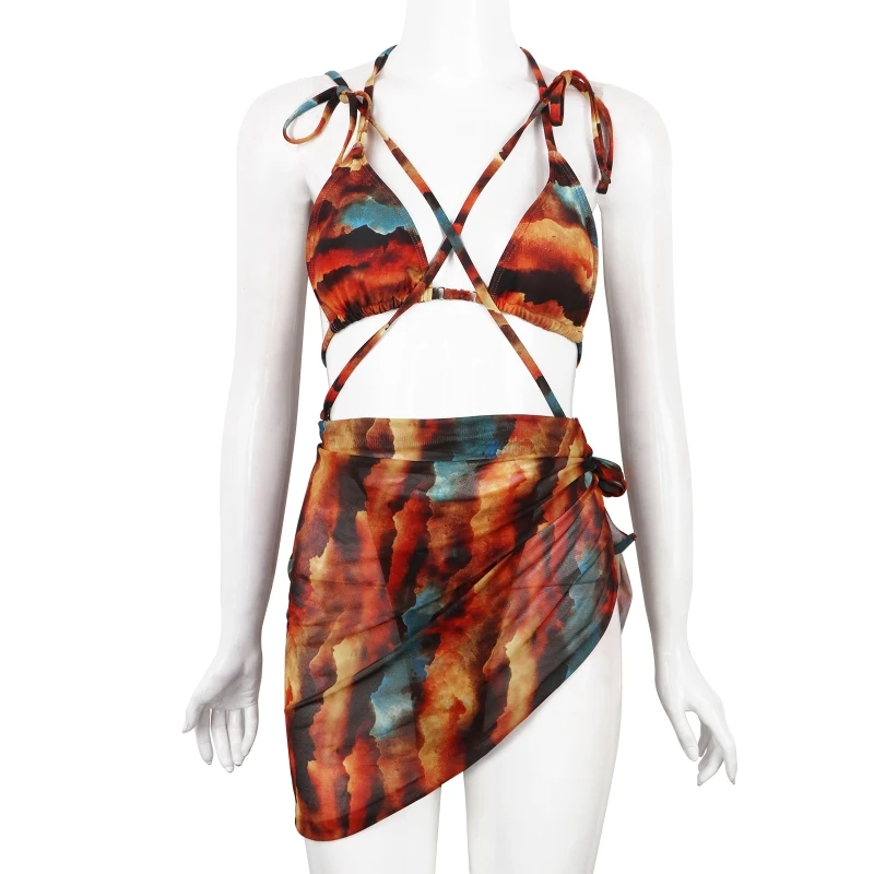 

Printed Beachwear Sexy Thong Small Chest Bathing Suit Cover Gathered