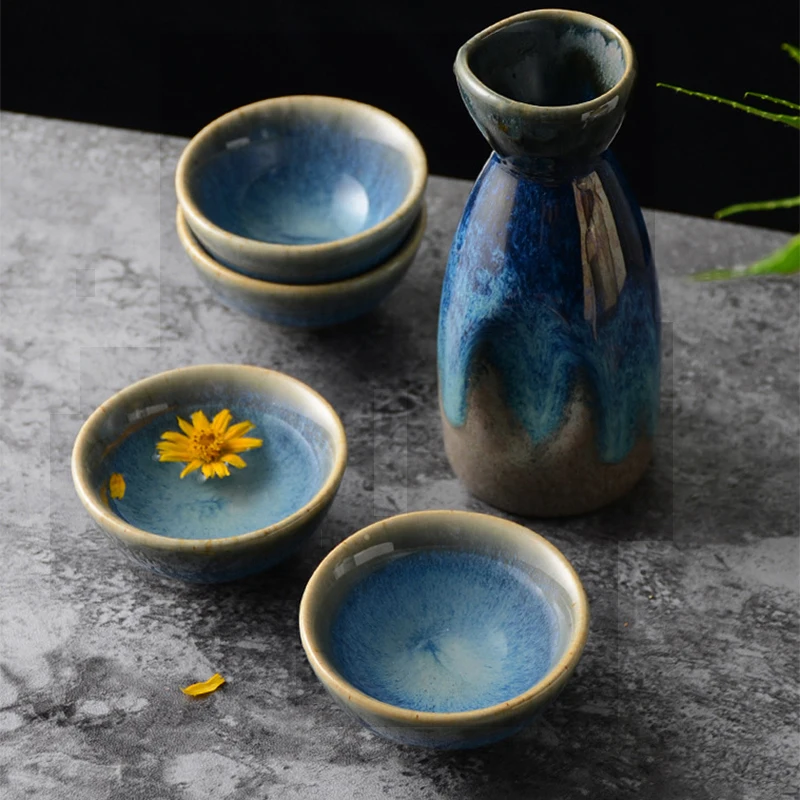 

5Pcs Japanese Sake Bottle Vintage Ceramics Sake Cup Set Home Porcelain Pottery Sake Wine Pot Drinkware Accessories