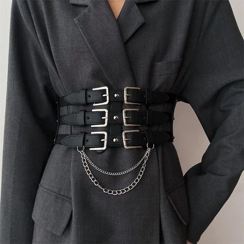 

Punk Chain Cummerbund Decorative Corset Women Underbust Luxury Designer Vintage Tunic Leather Ladies Dress Waist Belts