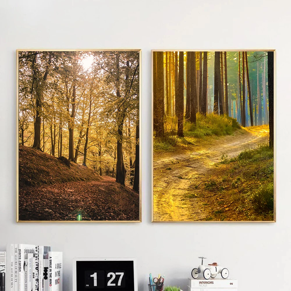 Sunlit Forest Canvas Wall Art - Green Tree Landscape Home Décor Print