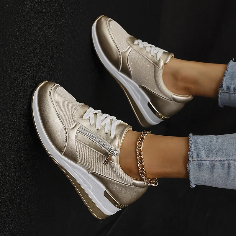 Fashion Wedge Sneakers for Women Gold Silver Platform - Uniqwear