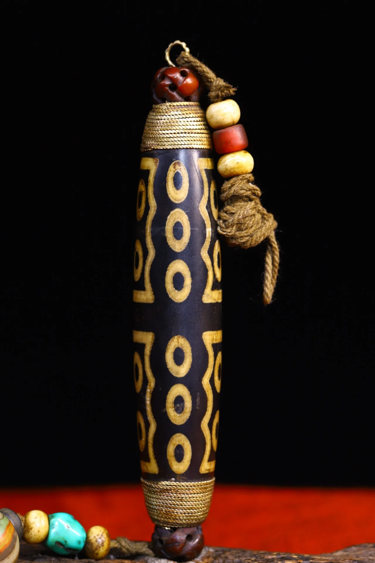 

5"Tibet Temple Collection Old Natural Agate Mosaic Gem gZi Beads Character pattern Amulet Dharma Worship Hall Town house