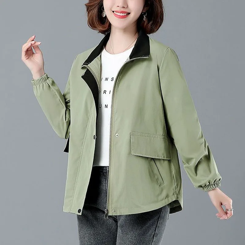Spring Autumn New Women's Solid Color Stand Collar Button Zipper Spliced Long Sleeve Fashion All-match Loose Jacket Tops