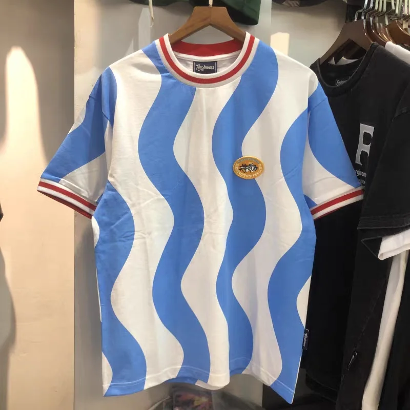 

23SS New Short Sleeve Embroidery Stripe Printed Pure Cotton Round Neck Men's And Women's Loose Top T-Shirt Hip Hop