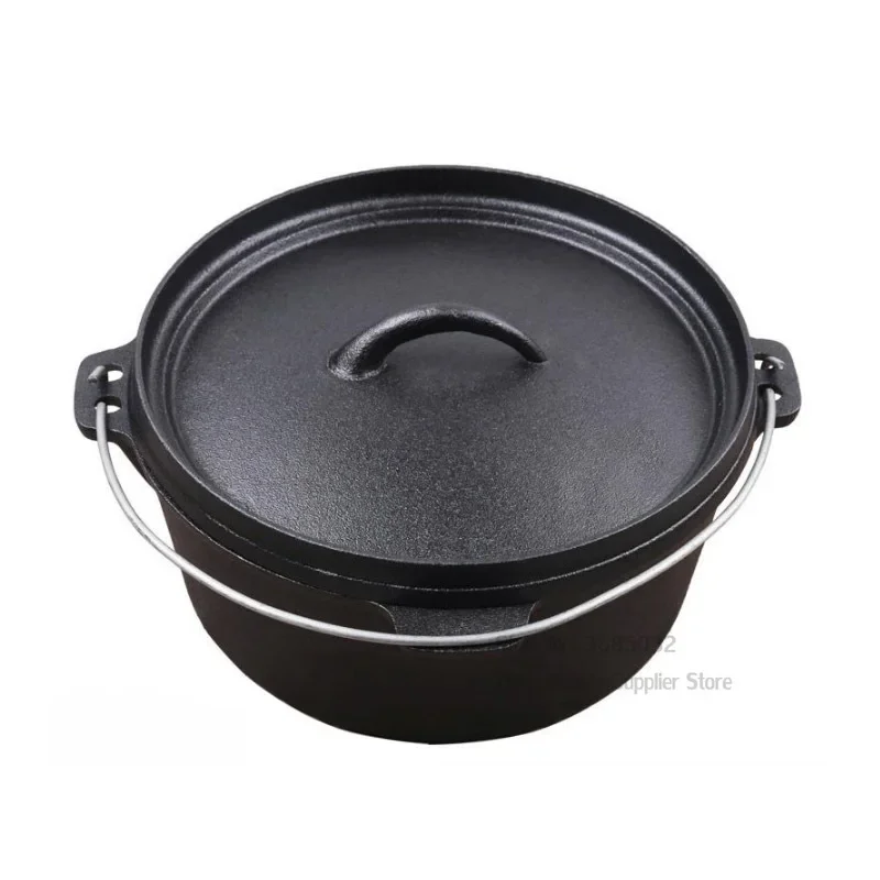 Cast Iron Camping Pot Set with Bag Outdoor Picnic Stew Pot Dutch Oven Uncoated Soup Pot Hanging Stew 25cm cast iron dutch oven