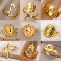 Vintage Ancient Greek Arethusa Goddess Coin Rings For Women Imitation Pearl Zircon Moon Stainless Steel Ring Fashion Jewelry