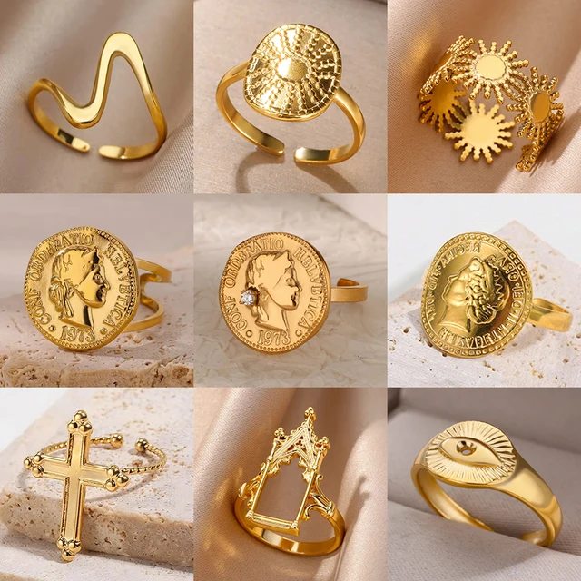 Vintage Ancient Greek Arethusa Goddess Coin Rings For Women Imitation Pearl Zircon Moon Stainless Steel Ring Fashion Jewelry