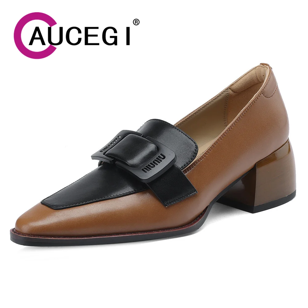 

Aucegi 2024 Summer New Thick High-Heeled Pumps Women's Buckle Decorations Genuine Leather Pointed Toe Daily Life Handmade Shoes
