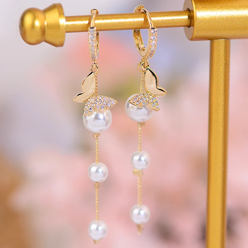 

Trendy Exquisite 14k Gold Plated Butterfly Pearl Tassel Drop Earrings for Women Girl High Quality Jewelry AAA Zircon Buckle Type