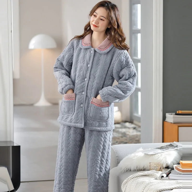 2024 Coral Velvet Three-layer Sandwich Cotton Pajamas Women's Winter Thickened Loungewear Warm Double-sided Velvet Homewear Set