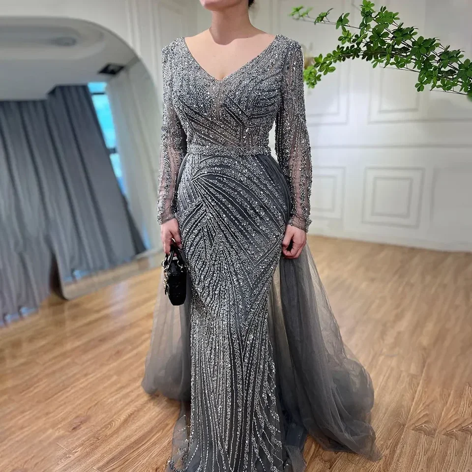 Serene Hill Mermaid Beaded Elegant Luxury Blue Grey V-Neck Evening Dresses  Gowns Customize Muslim Party BLA71750 - AliExpress 320